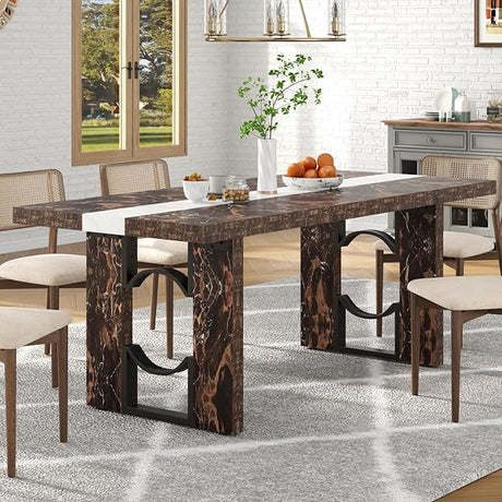 Inch Dining Table for 6-8 People, Large Rectangular Kitchen Table with Marble-Color