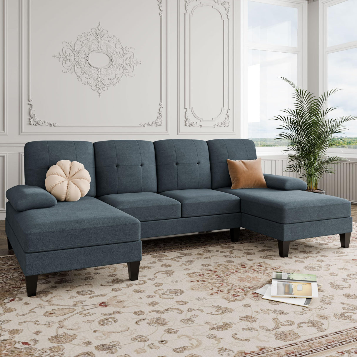 Sectional Sofa Couch, U-Shaped Sofa Couch with Double Chaise, 4-Seat Sleeper Sofa