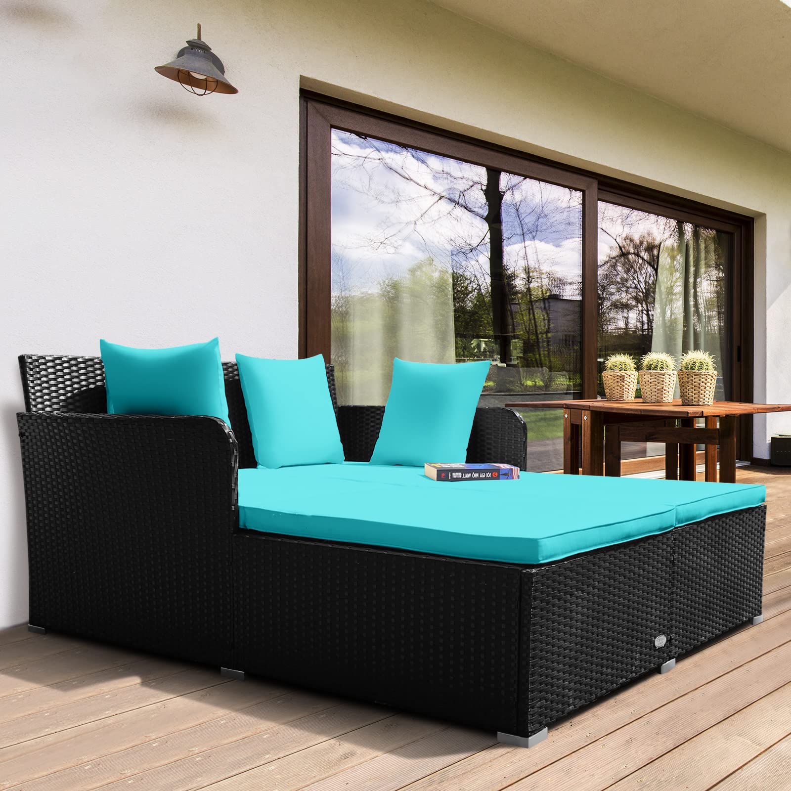 Rattan Patio Outdoor Daybed, Wicker 2-Person Sunbed Loveseat with Soft Cushions
