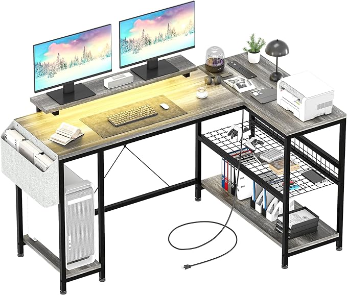 49" L Shaped Desk with Power Outlet & LED Lights, Reversible Corner Com