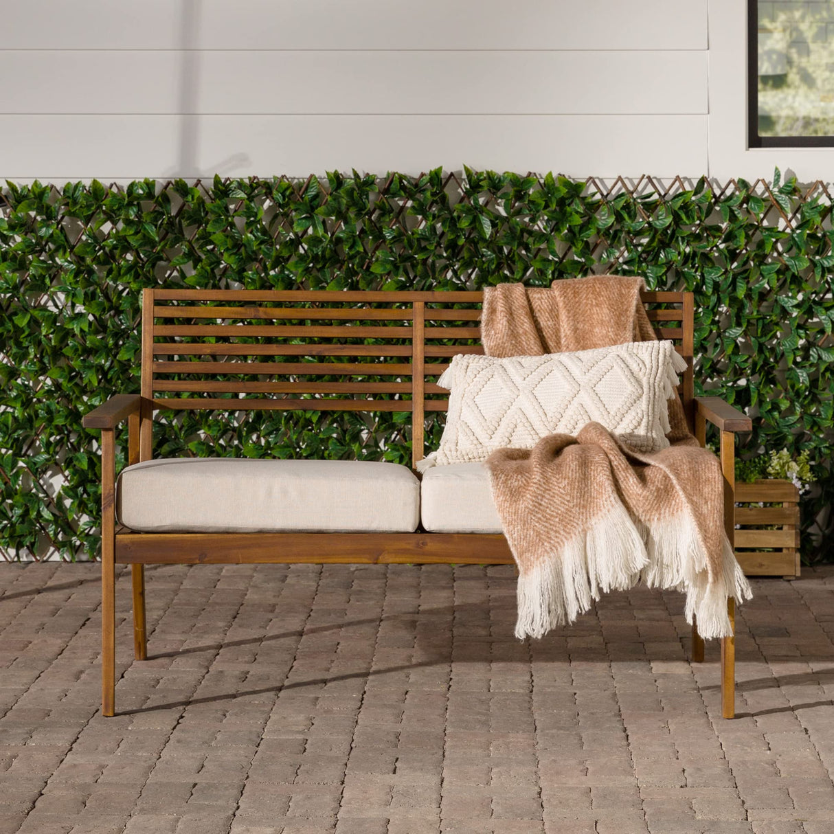 Modern Cushioned Solid Acacia Wood Loveseat
