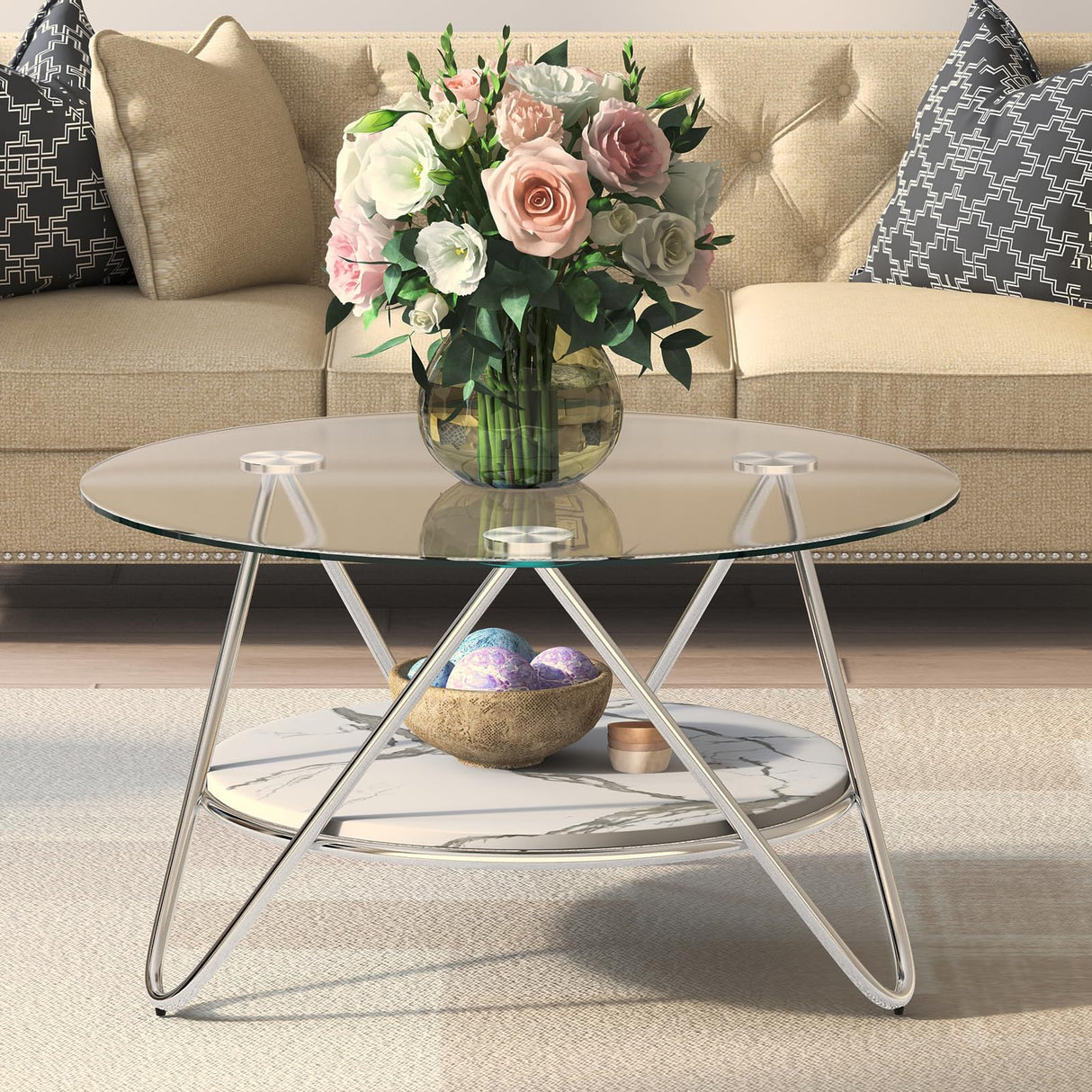 Round Coffee Table with Storage, 2-Tier Glass Coffee Table for Living Room