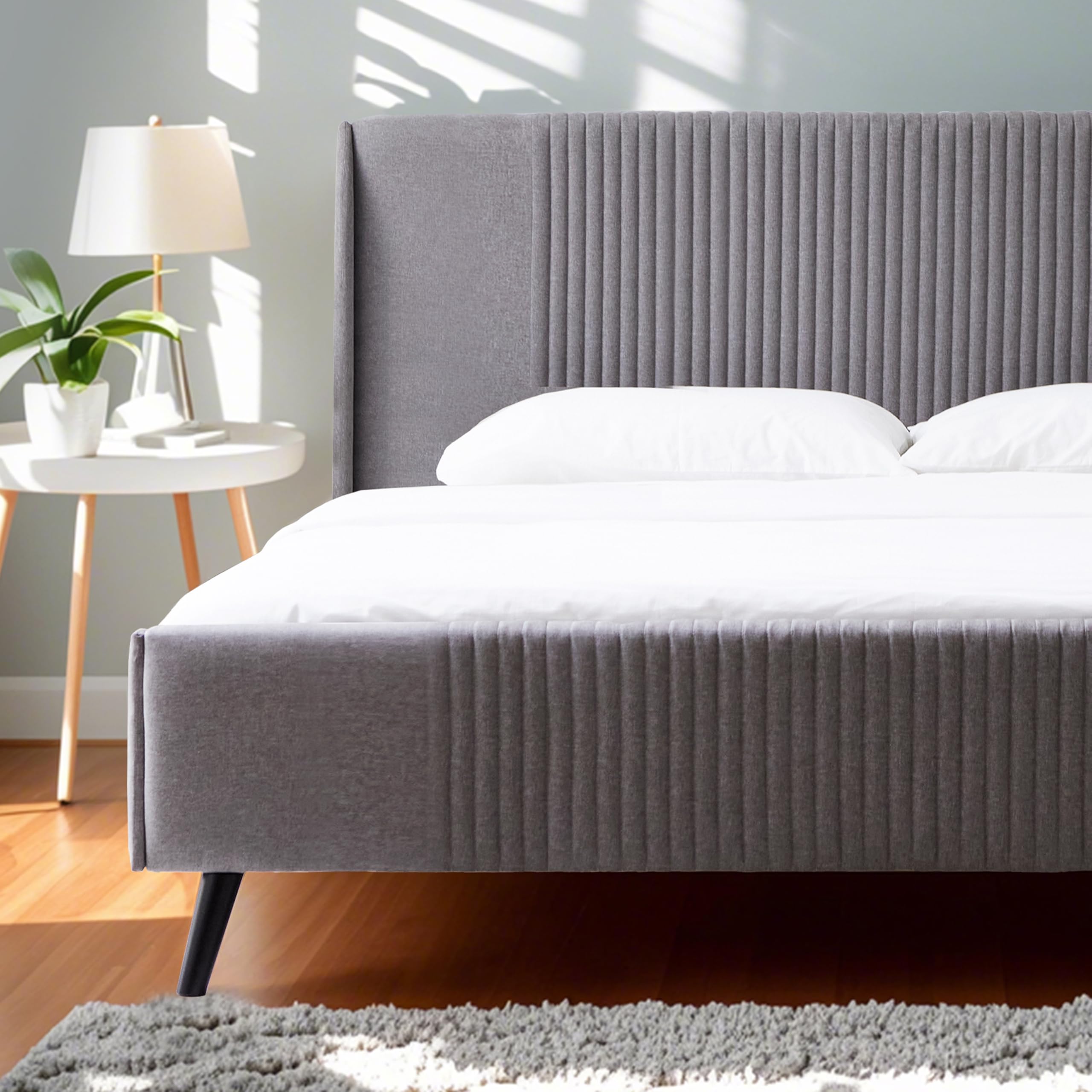 Sunset King Platform Bed with Wingback Headboard - Gray Fabric Upholstered