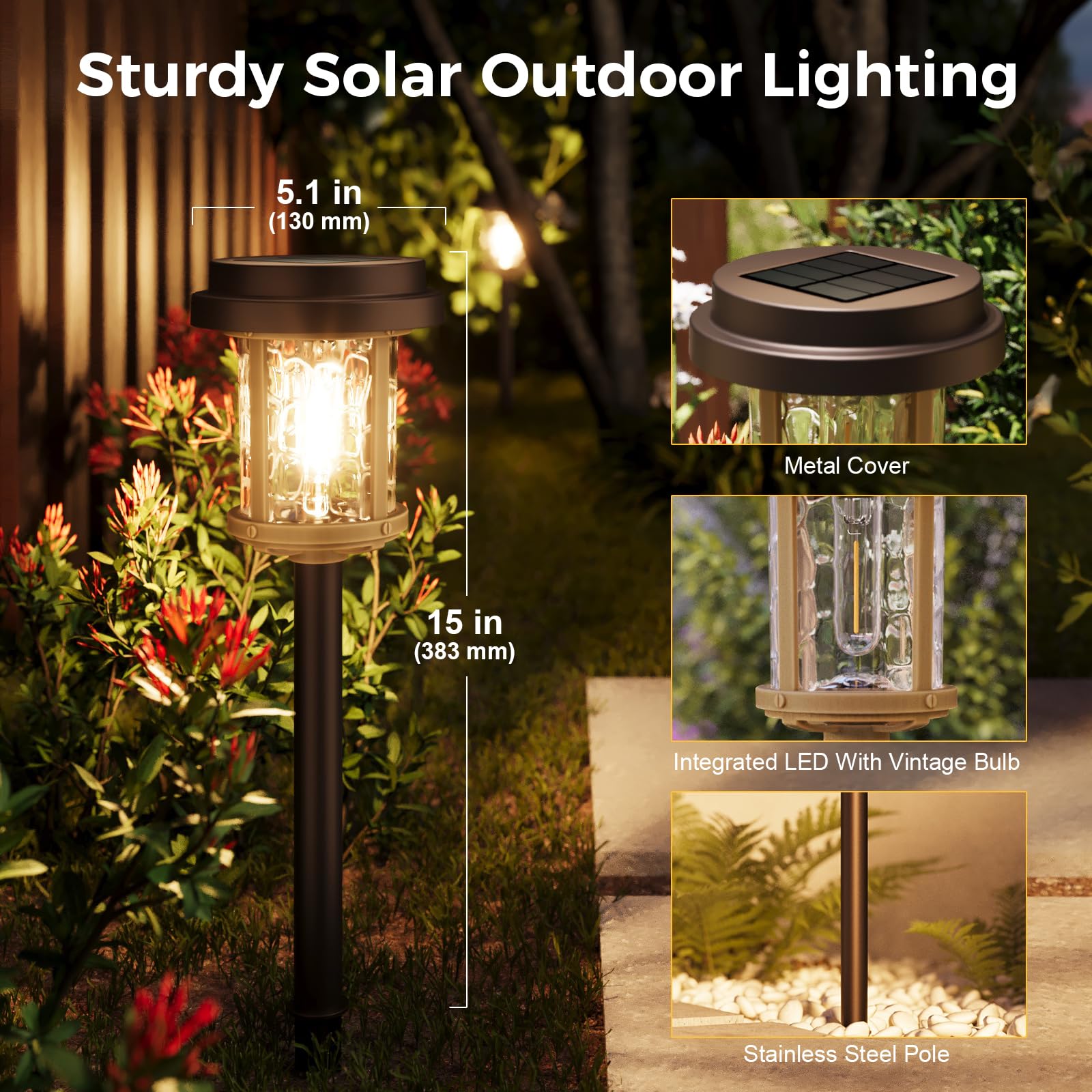 Solar Lights Outdoor, 4 Pack Solar Pathway Lights Outdoor, 15 LM LED Outdoor Solar