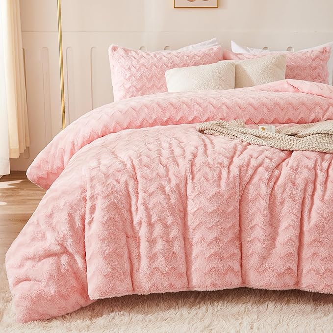 Grey Fleece Comforter Set Queen Size, 3 Pieces Fuzzy Fluffy Faux Fur Bedding Comforter Set for Queen Bed