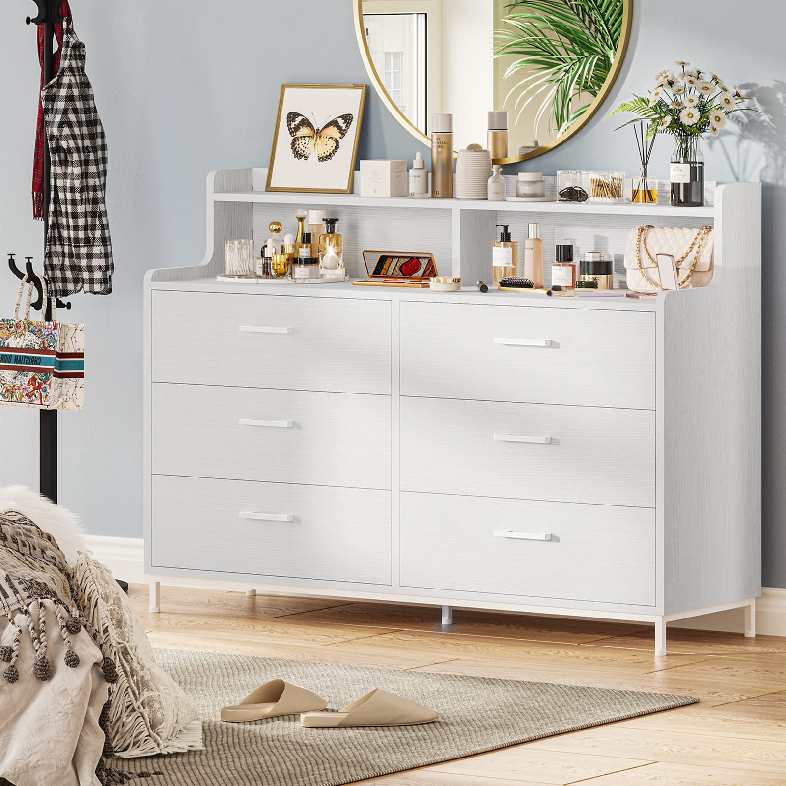 6 Drawers Double Dresser with Shelves, Large Wooden Storage Tower Organizer