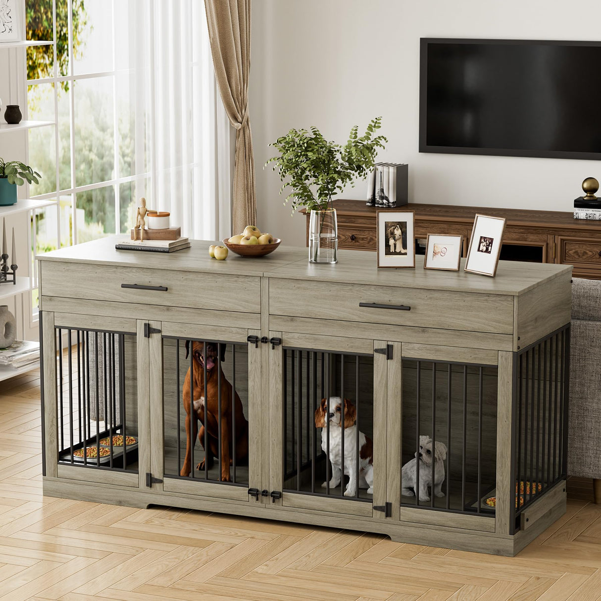 72" Double Dog Crate Furniture with Storage Drawers