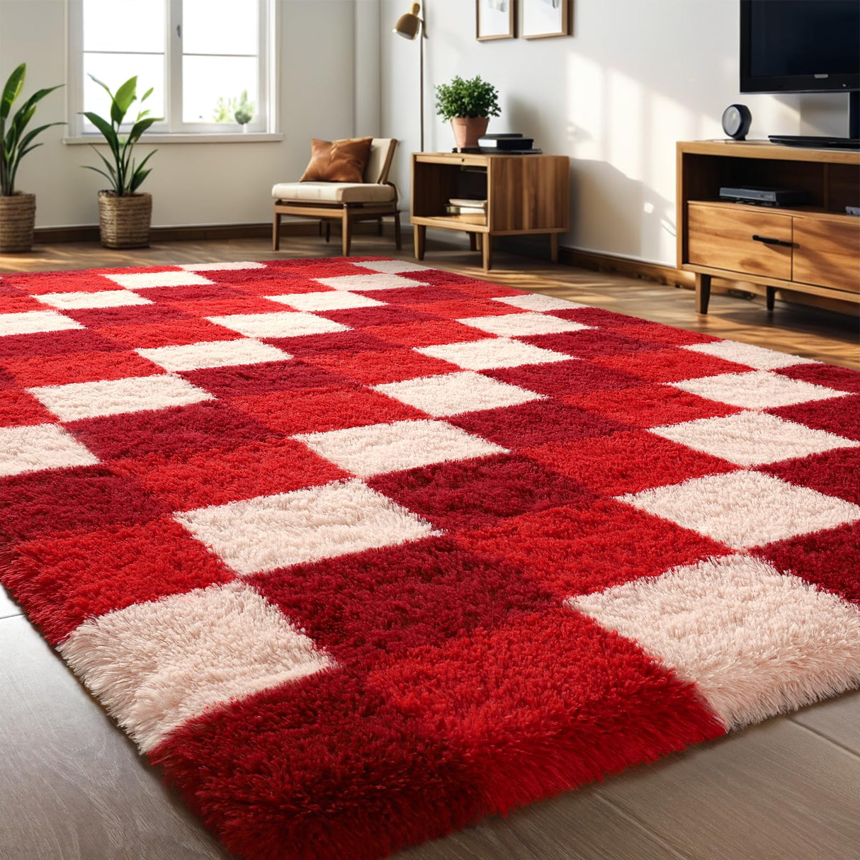 Luxury Fluffy Plaid Rugs for Bedroom Living Room, 4x6 Feet Burgundy Checkerboard Area Rug,