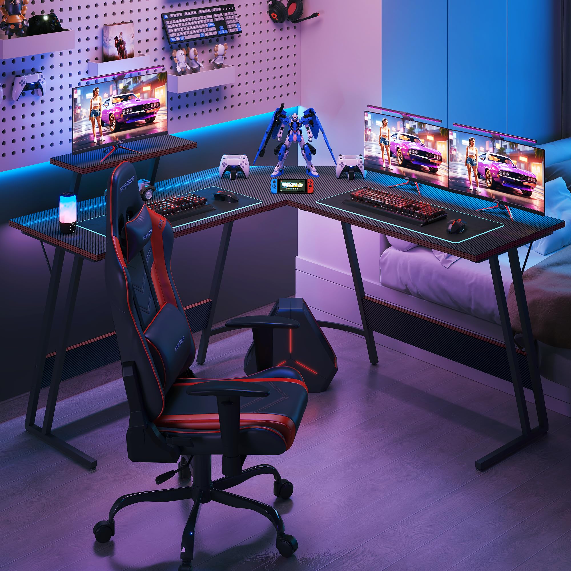 L Shaped Gaming Desk, 51 Inch Computer Corner Table with Large Monitor Stand & Carbon