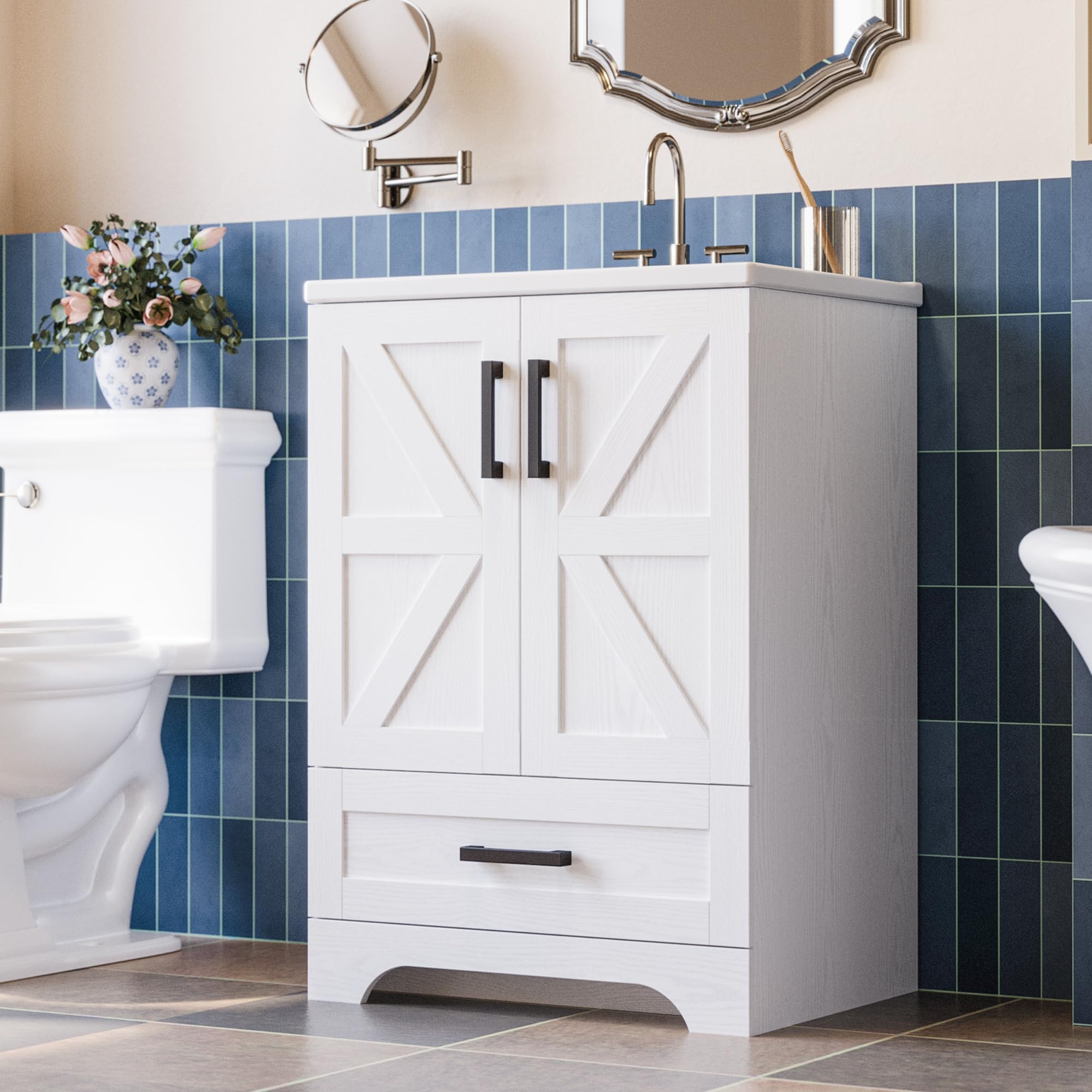 Bathroom Vanity with Sink, 24 Inch Farmhouse Bathroom Sink Cabinet with Drawer