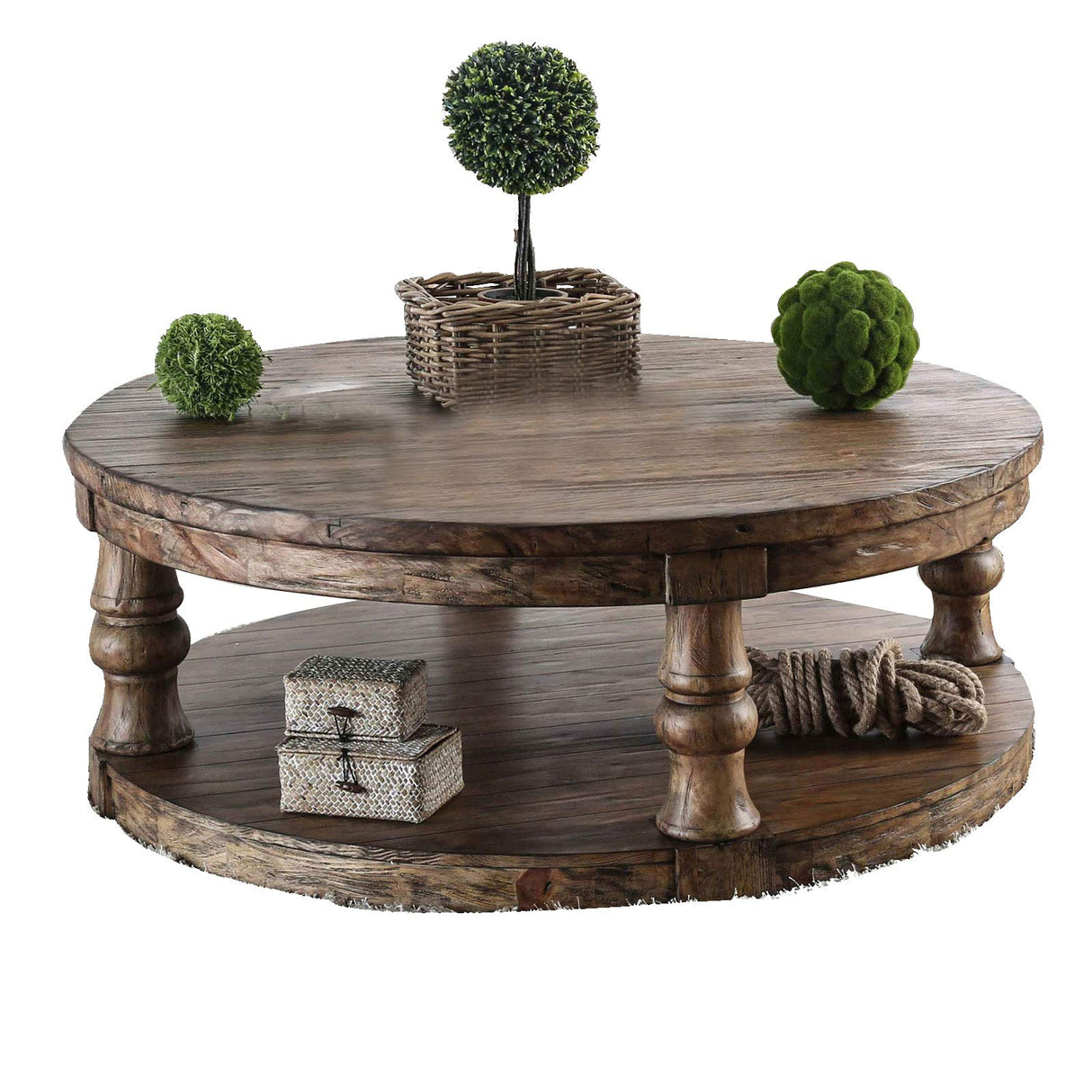 Transitional Round Coffee Table with Open Shelf and Turned Legs, Brown