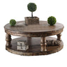 Transitional Round Coffee Table with Open Shelf and Turned Legs, Brown