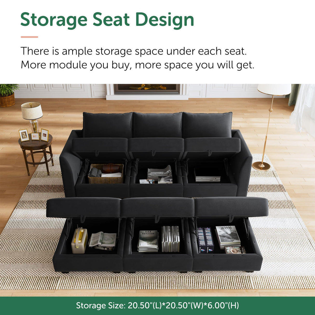 Modular Sofa Sectional Sleeper Couch with Ottoman Velvet 6 Seater Sofa with Storage