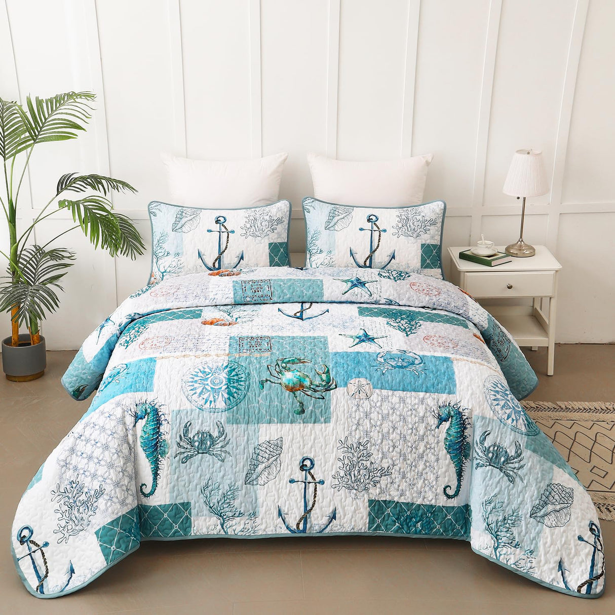 Quilt Set King Size Ocean Bedspread Coverlet Set 3 Piece-Soft Lightweight