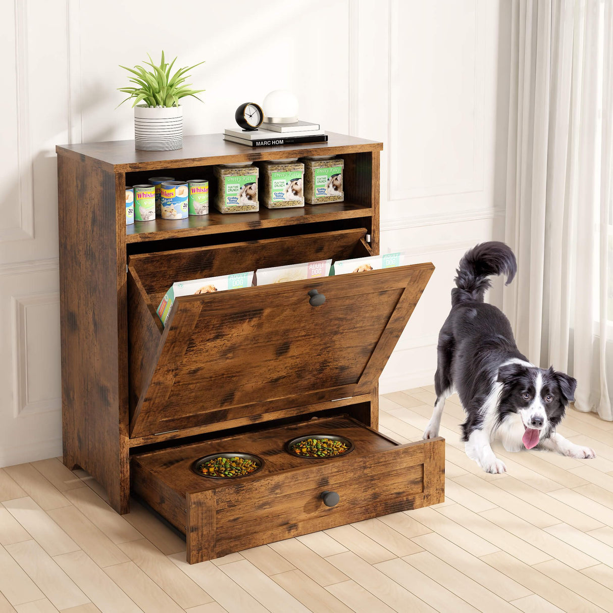 Dog Feeding Station with Storage Cabinet & Elevated Bowls