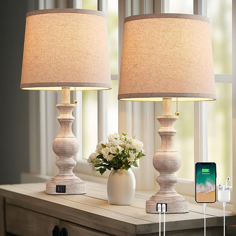 Table Lamps for Bedroom Set of 2 Farmhouse Bedside Lamps for Nightstand with USB C+A Charging Ports