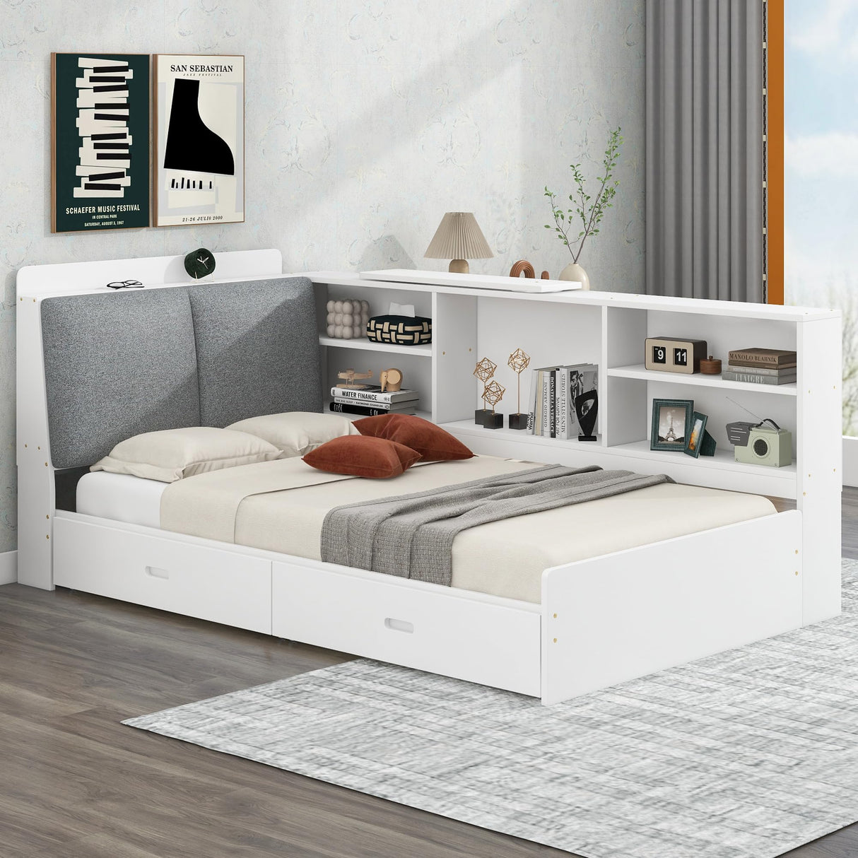 Bed Frame with Upholstered Storage Headboard and 2 Drawers, Pine Wood Daybed