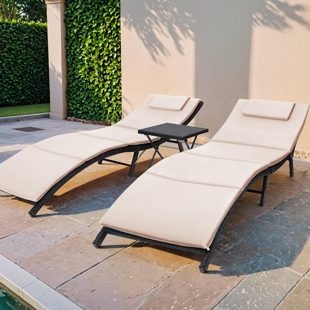 Patio Chaise Lounge with Cushions Unadjustable Modern Outdoor Furniture Set PE