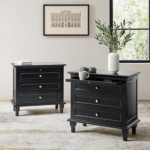 HOME Farmhouse Nightstand with Charging Station, Drawer Organizer