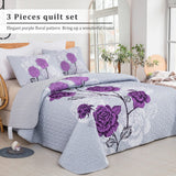 Anibedding Purple Quilt Set Queen Size,Elegant Purple Floral Printed Bedspread Coverlet 3 Pieces Soft Microfiber Bedding Set with 2 Pillowcases for All Season(96"×90")