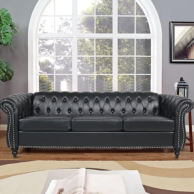 Chesterfield Sofa Leather, 84" Upholstered Tufted Couch 3 Seater with Rolled Arms