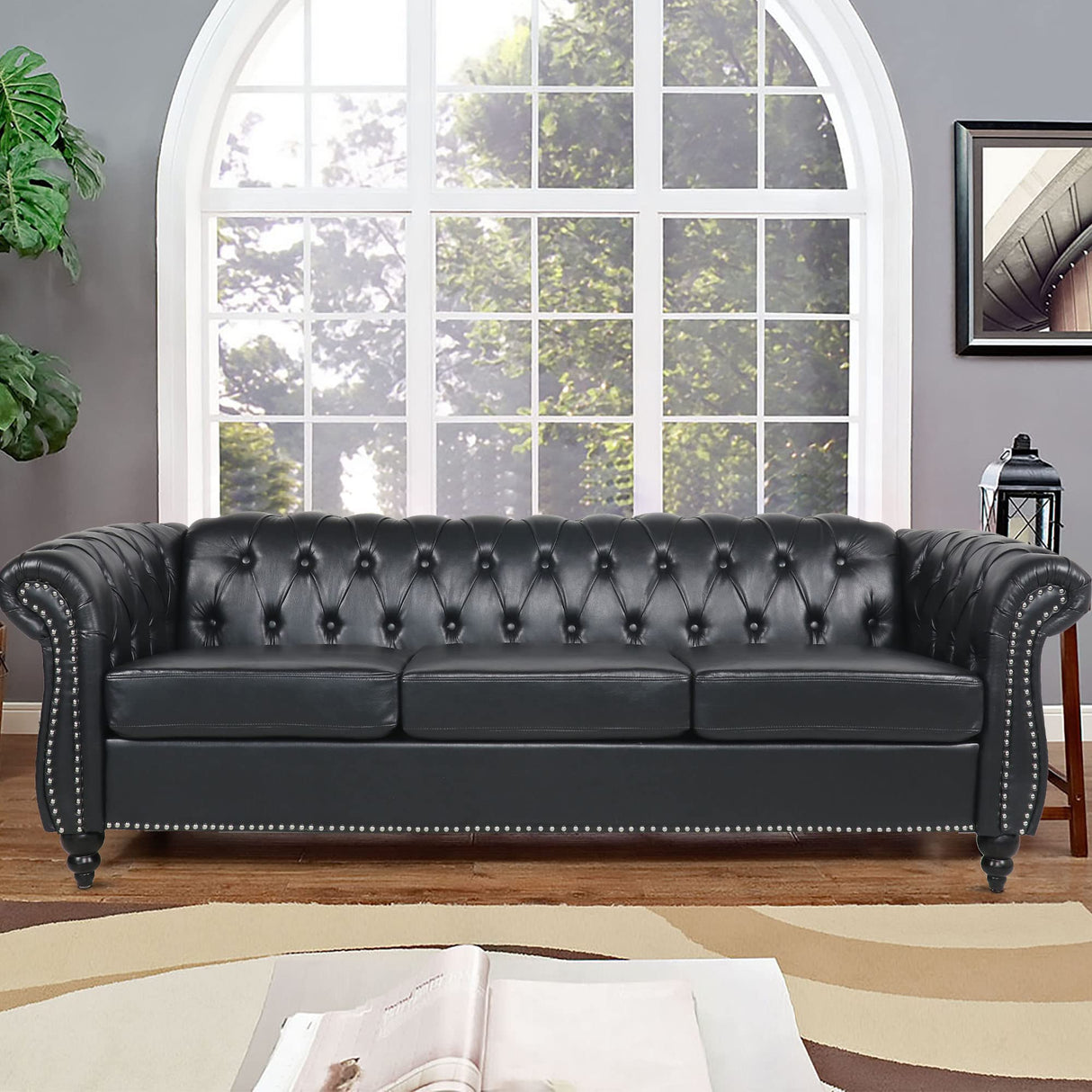 Chesterfield Sofa Leather, 84" Upholstered Tufted Couch 3 Seater with Rolled Arms