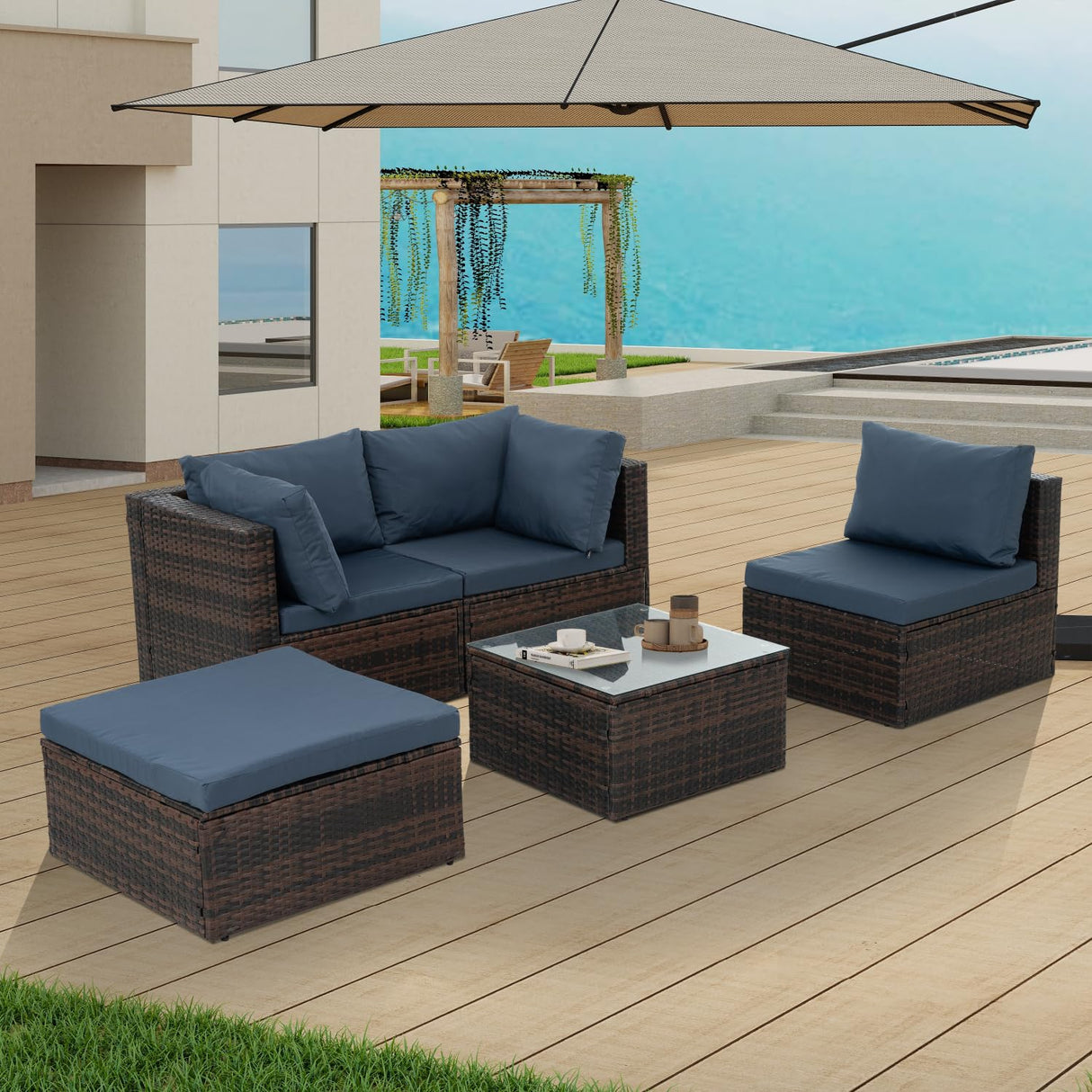 Patio Furniture, Outdoor Furniture, 5-Piece Wicker Furniture Set with Tempered Glass Coffee