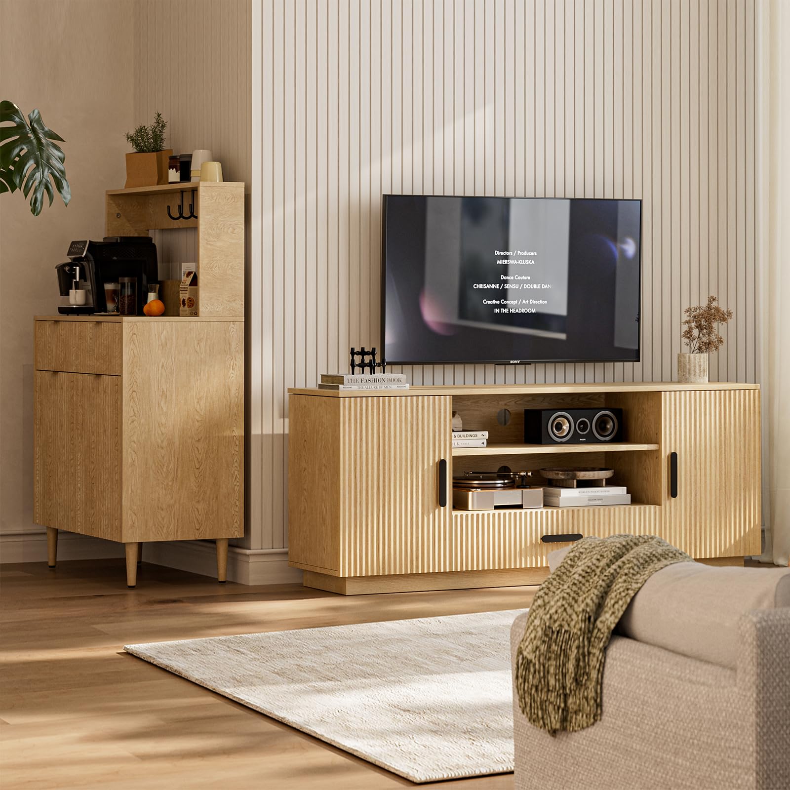 Modern Fluted TV Stand for 55-70 Inch TVs with Storage