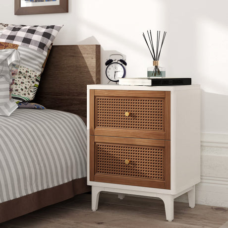 Fully-Assembled 2-Drawer Woven Cane Front Accent Nightstand with Brass Knobs