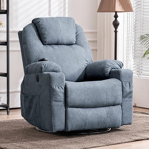 MeetWarm Swivel Massage Recliner – Bronzing Suede, Heat, USB, Cup Holders