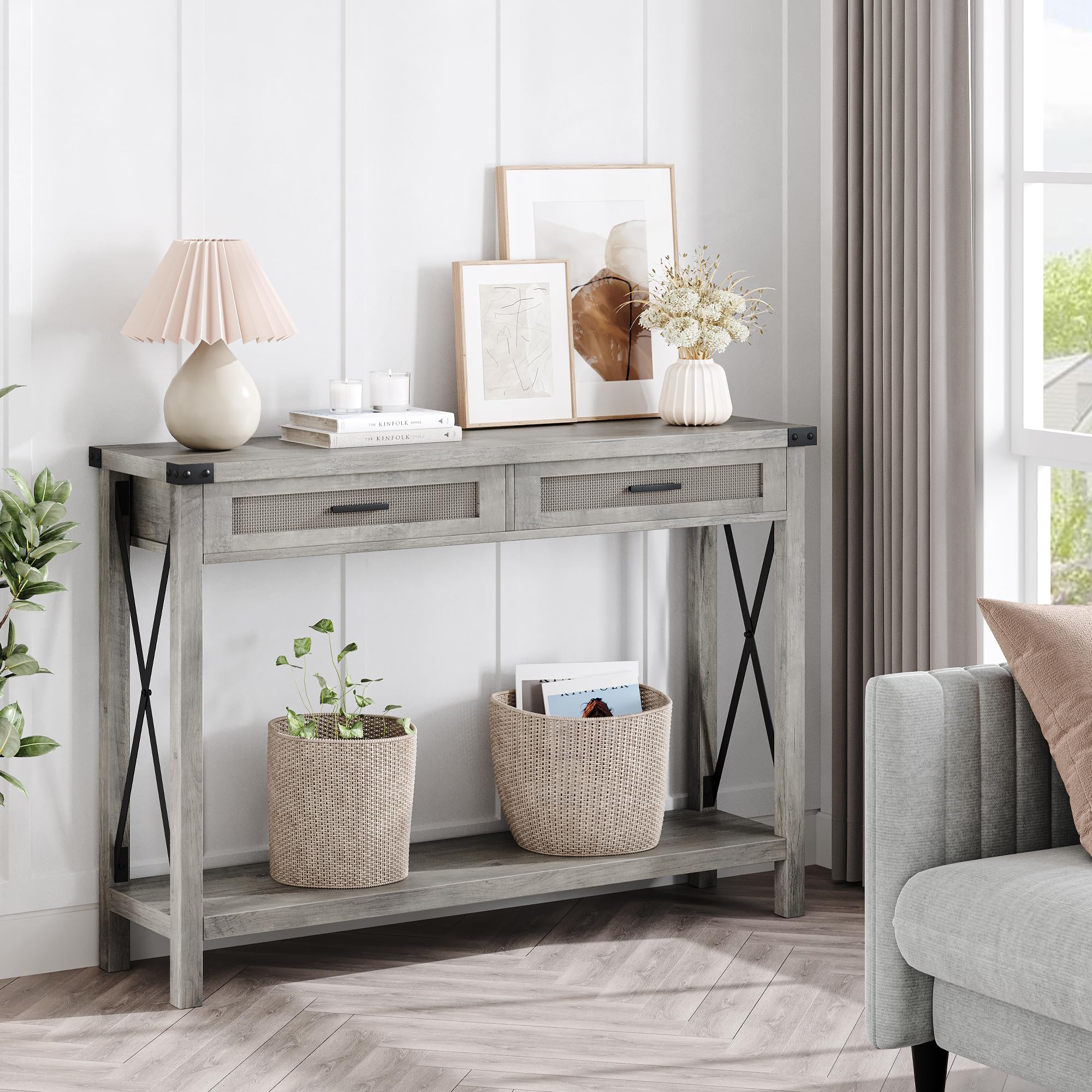 Farmhouse Entryway Table with Rattan Drawers, Grey Console Table for Entryway,