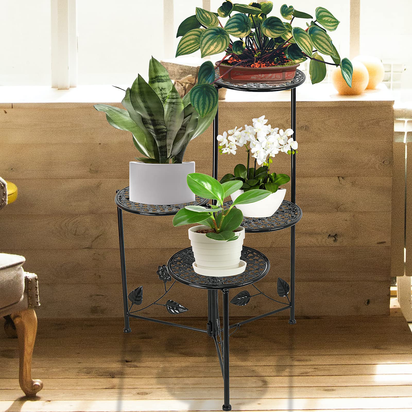 NAKUPE Plant Stand Indoor Outdoor, 3/4 Tier 30" Tall Metal Flower Pot Holder Shelves, Tiered Plant Rack Organizer, Planter Display Storage Shelf for Patio Balcony Garden Living Room Corner(Gold)