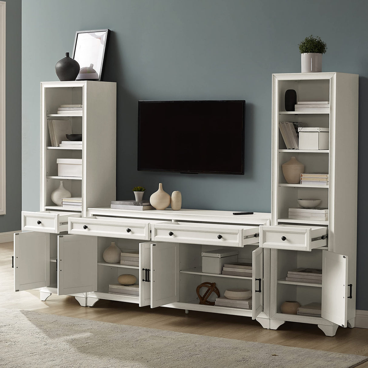 Tara 3-Piece Entertainment Set with Sideboard and 2 Bookcases, Distressed White