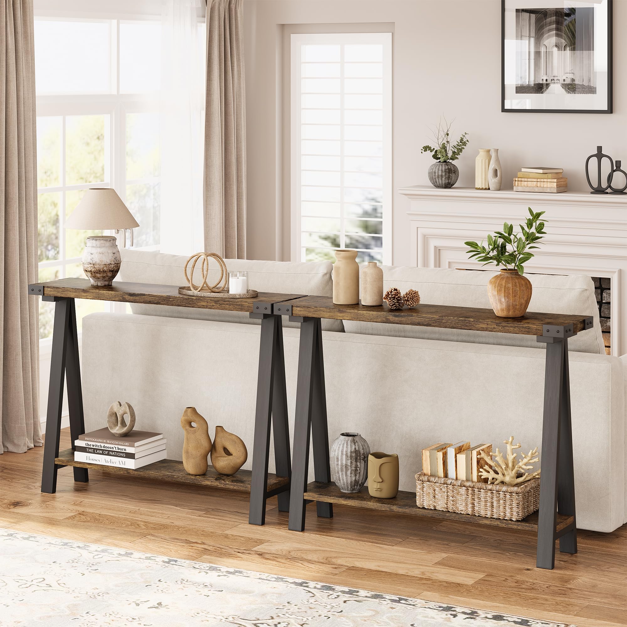 Farmhouse Console Table, 43.3" Entryway Table with Storage, 2 Tier Sofa Table