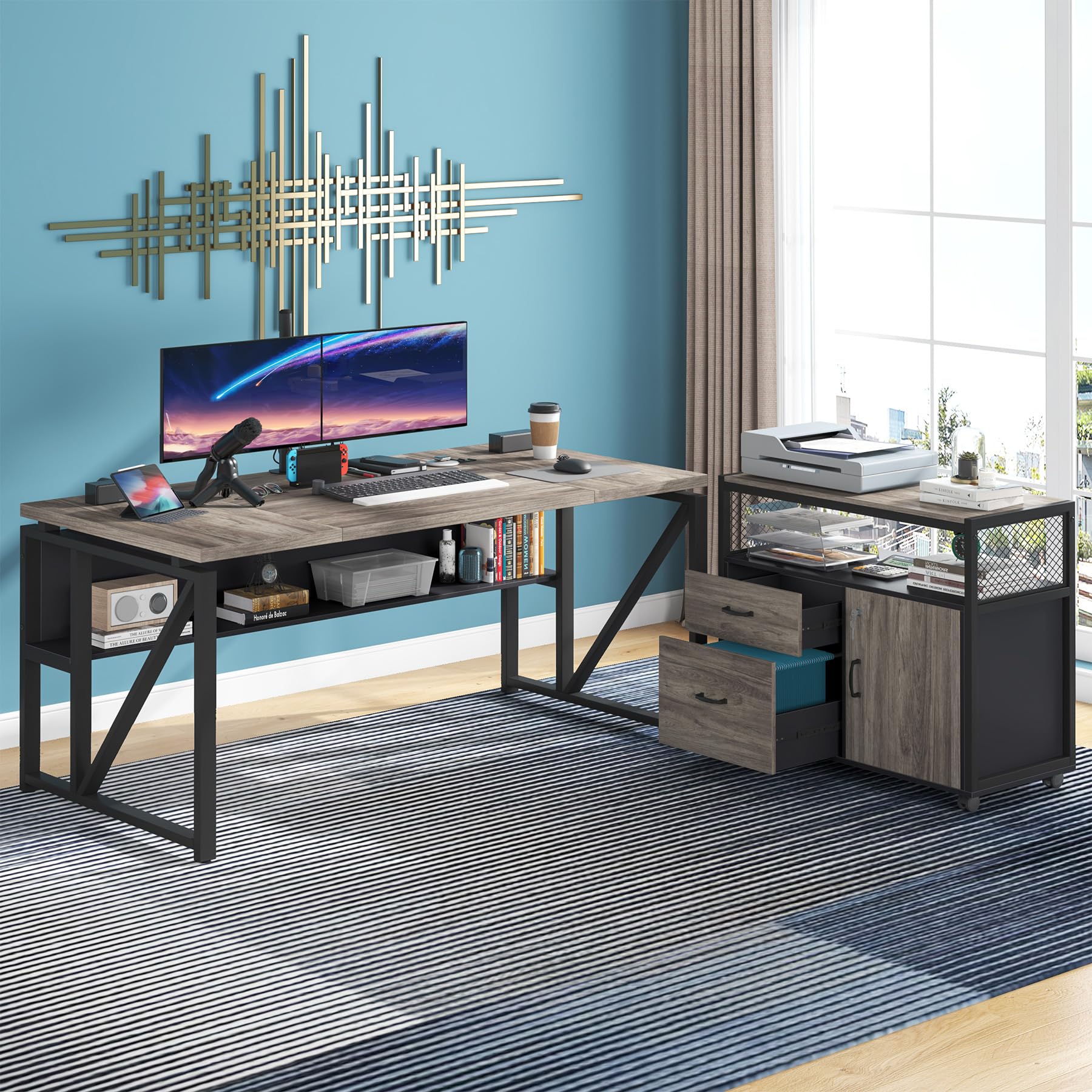 L Shaped Desk with Drawer Cabinet, 63" Executive Computer Desk and lateral File Cabinet