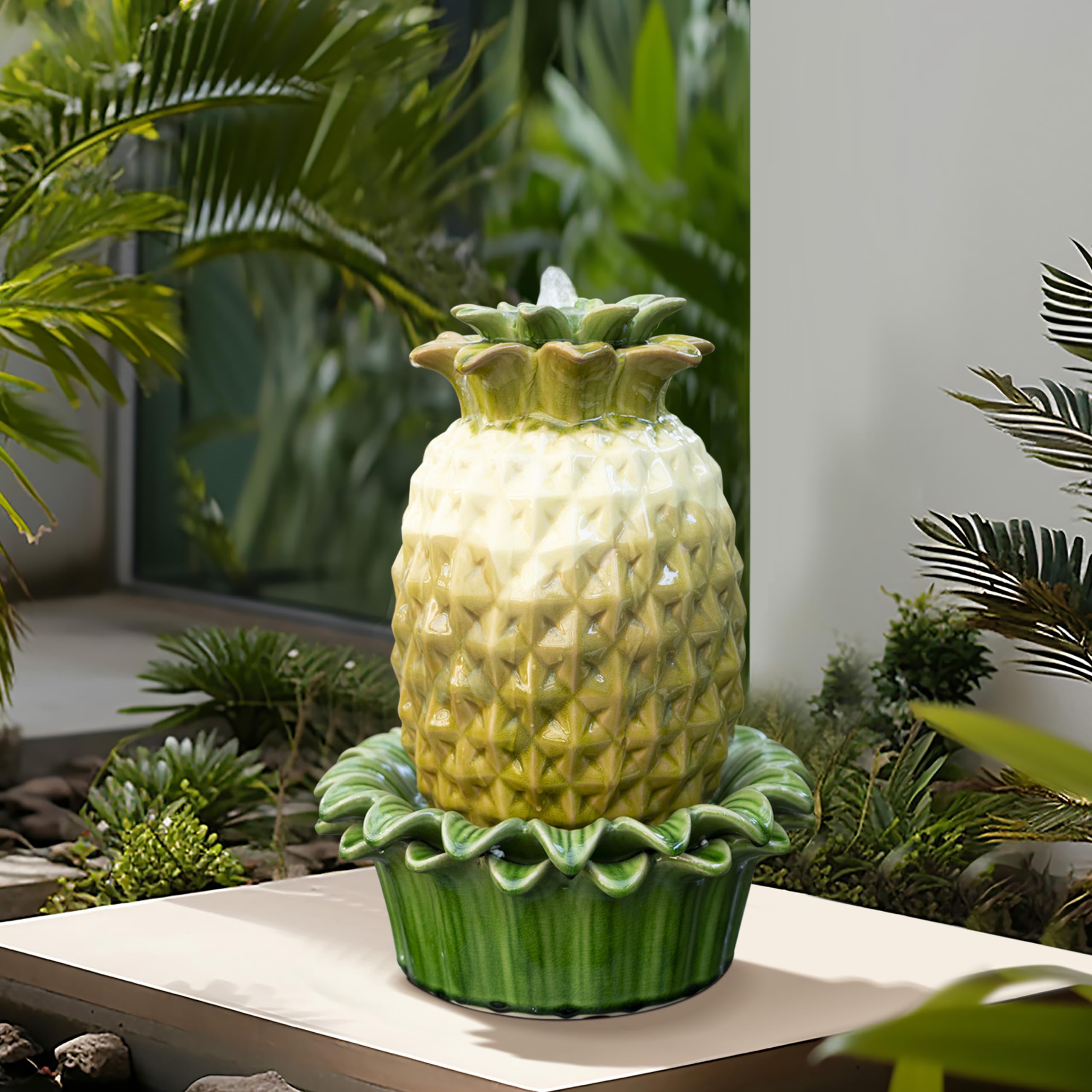 Tabletop Water Fountain, 17 Inch Pineapple Glazed Ceramic Indoor Water Fountains