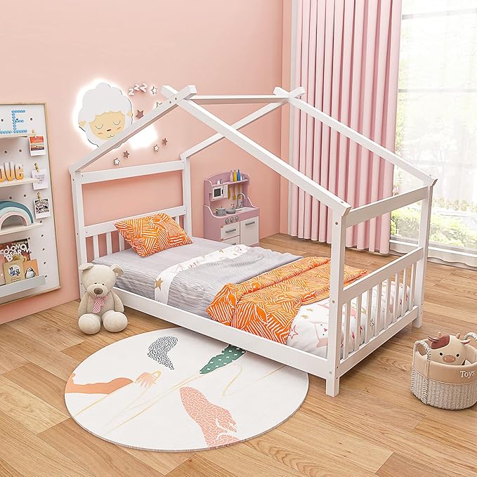 Bed Frame, Kids Low Loft Bed Frame with Roof, Side Windows & Ladder, Wooden Slatted