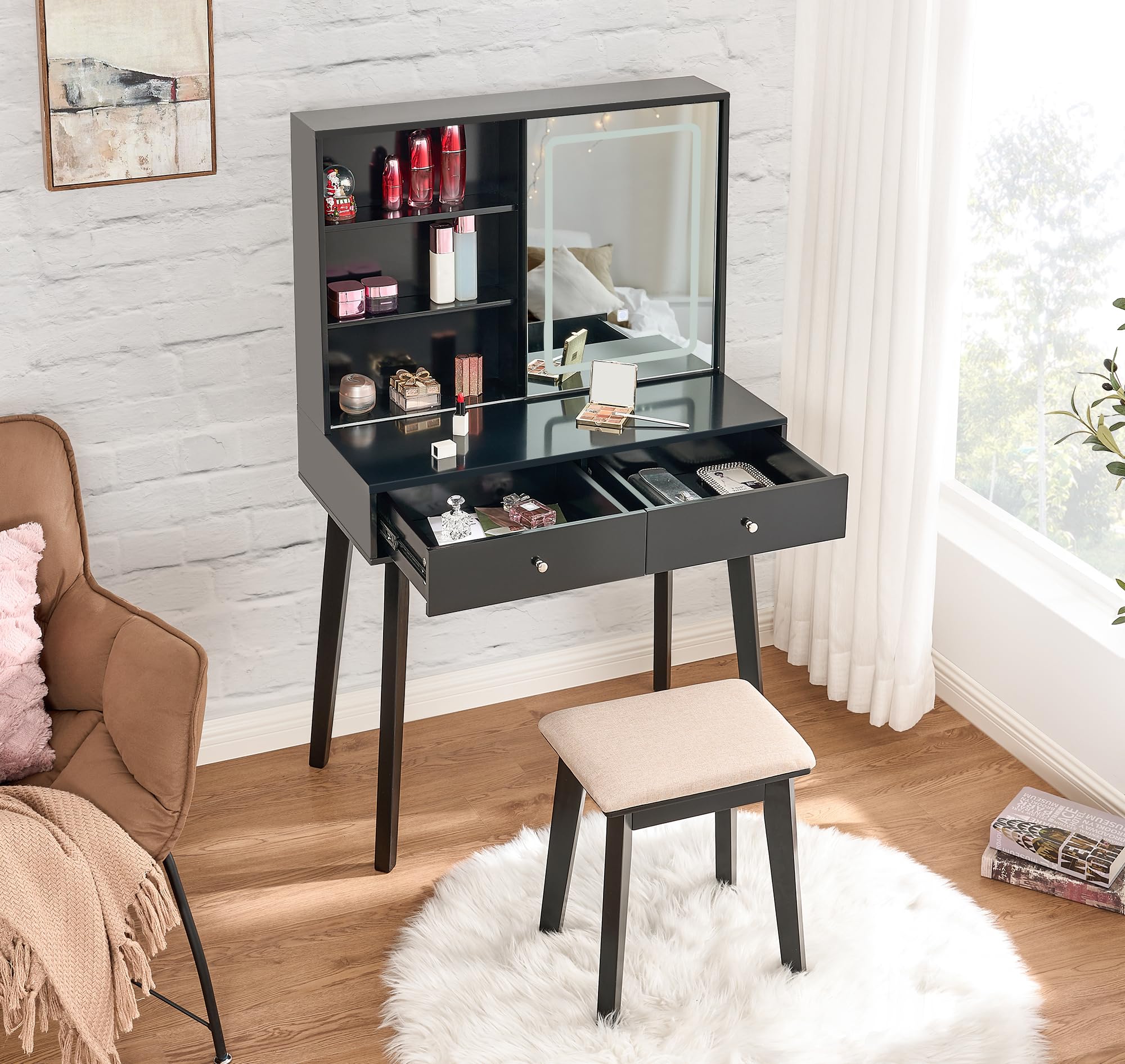 Vanity Desk with Mirror and Lights,Makeup Vanity Black Vanity Set Makeup Desk with 3