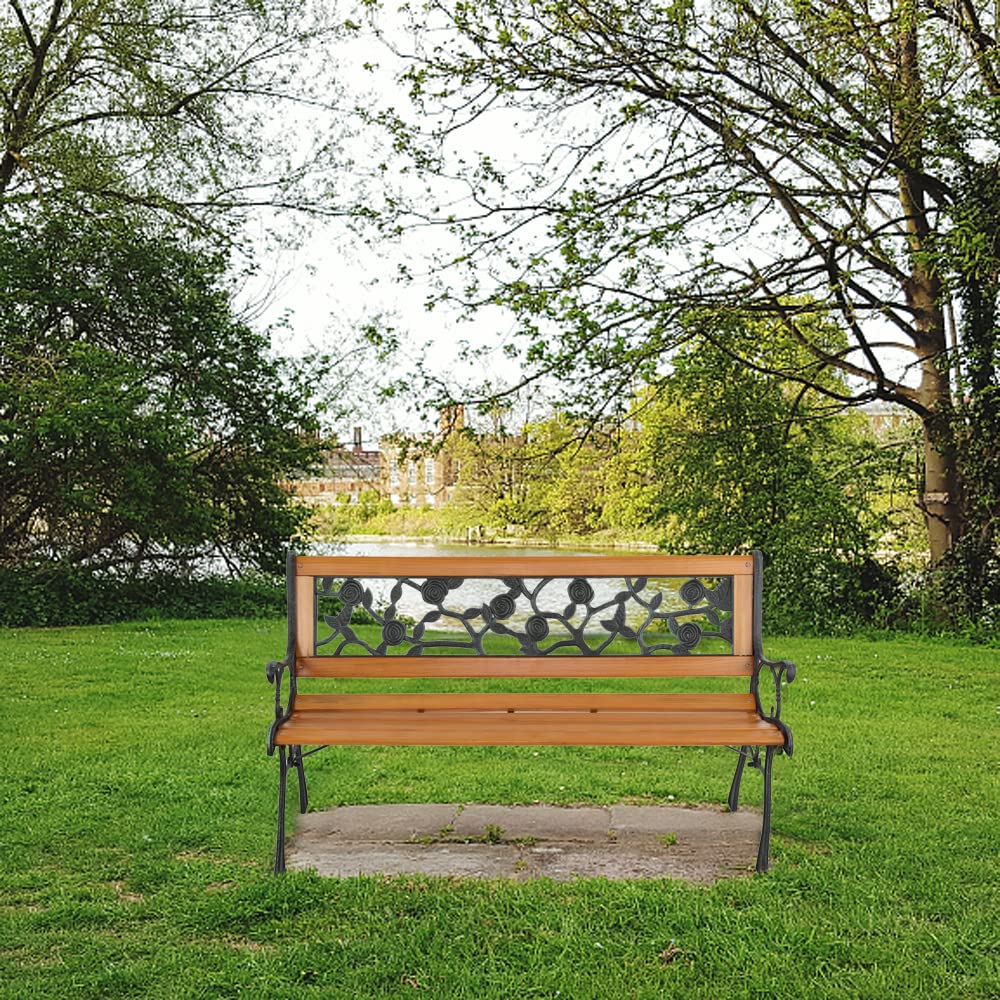 Patio Bench with Backrest and Armrests - Metal and Wood Bench