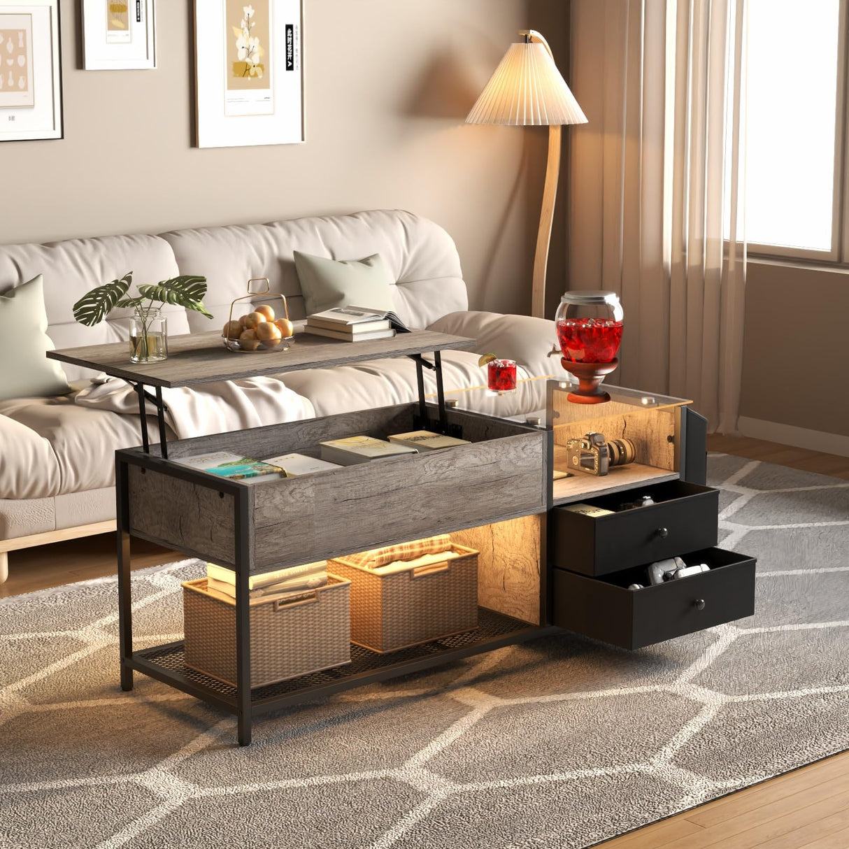 Top Coffee Table with LED Light & Power Outlet, Retro Coffee Tables