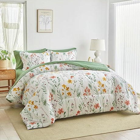 Bed in a Bag 7 Pieces - Floral Print - Soft Microfiber, Reversible Bed Comforter Set