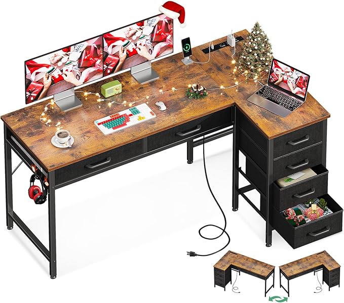 50 Inch L Shaped Desk with Drawers, Computer Desk with Power Outlets