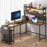 L Shaped Office Desk, Reversible Corner Computer Desk with Power Outlet and LED Light