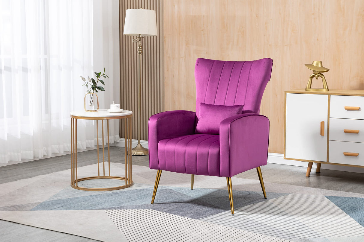 Modern Accent Velvet Chairs Comfy Upholstered Vanity Chairs for Bedroom Armchair Dining Chairs with Golden Metal Legs Desk Chair Single Person sofafor Living Room(Purple)