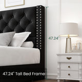 LARMACE Queen Size Upholstered Bed Frame with Storage Velvet Platform Tufted Bed Frame with 4 Drawers and Headboard, Wood Slats Support, No Box Spring Required, Noise-Free, Black