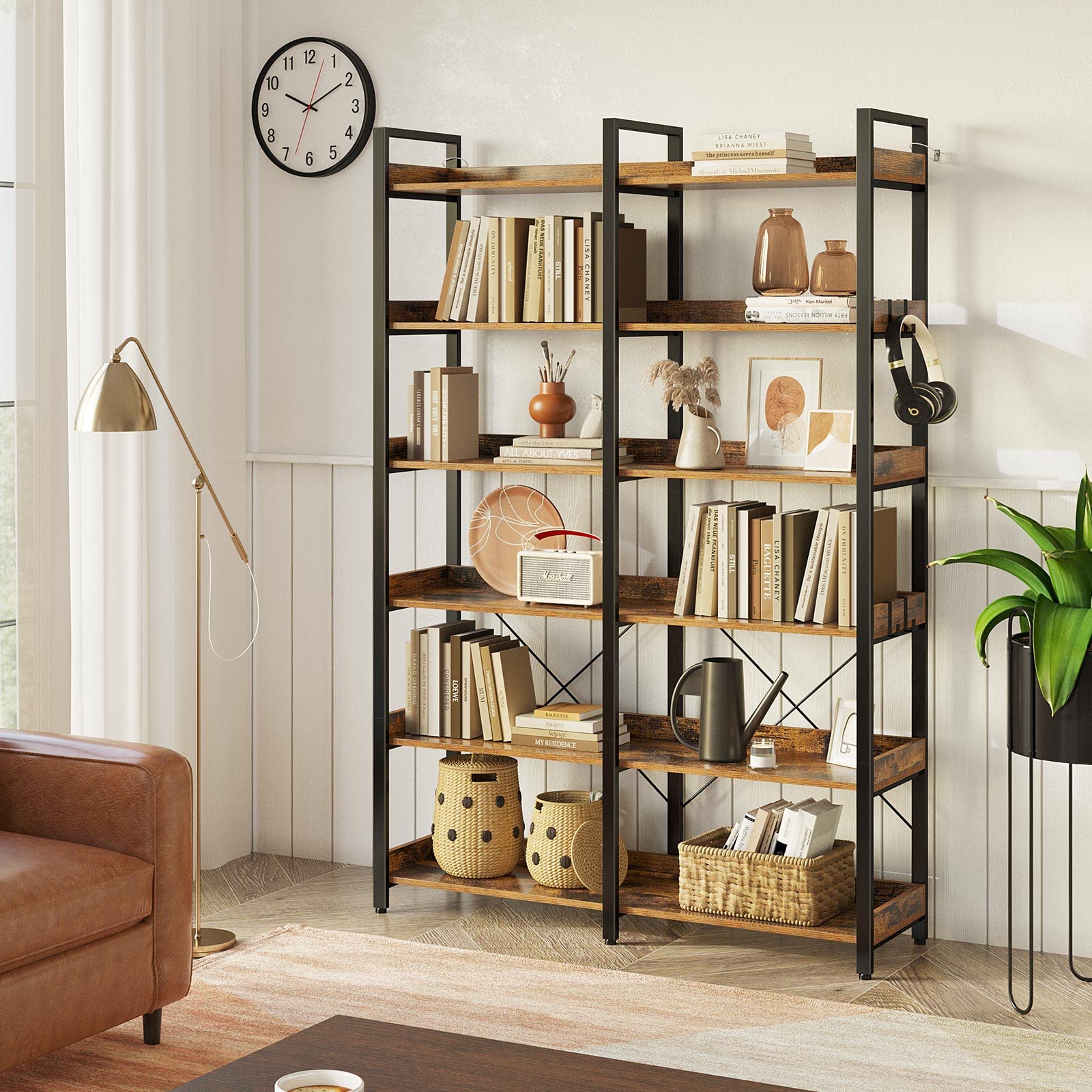 Bookshelf 6 Tier with 4 Hooks, 67” Industrial Wooden Bookcase, Vintage Storage Rack with Open Shelves, Rustic Standing Bookshelves Metal Frame 43.3” Wide Display Rack, Rustic Brown