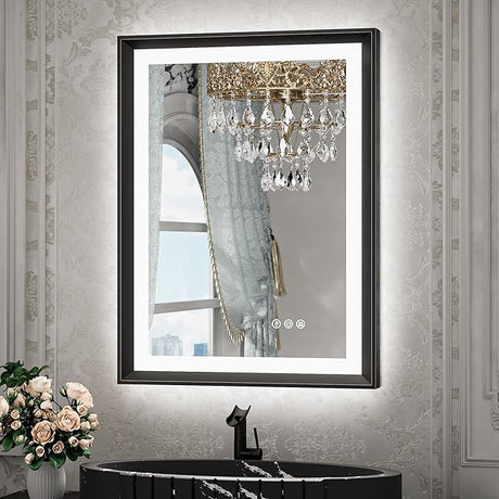 LED Bathroom Mirror with Lights Black Metal Framed 30x36 Frontlit & Backlit Vanity Mirror Baroque