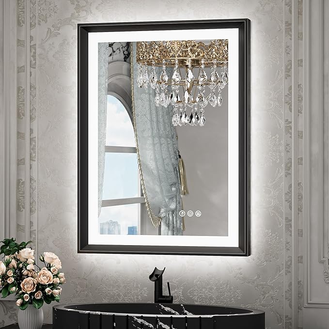 LED Bathroom Mirror with Lights Black Metal Framed