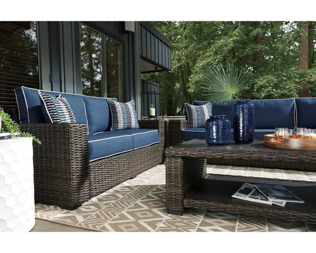 Grasson Lane Outdoor Patio Wicker Sofa with Cushion and 2 Pillows, Brown & Blue