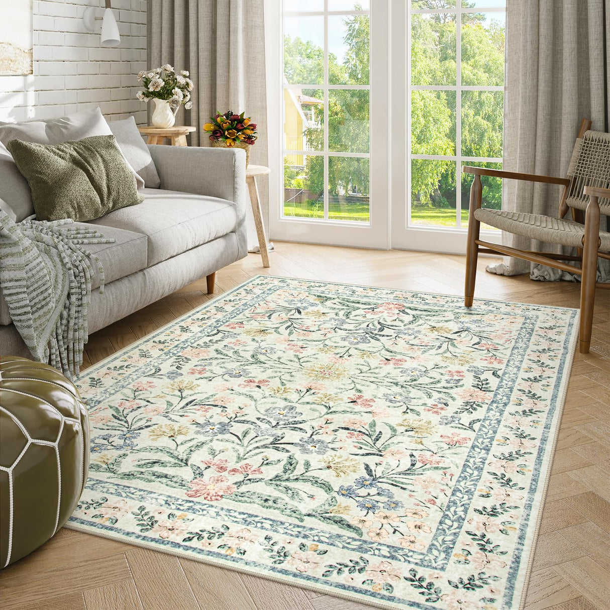 Morebes Washable Area Rugs 5x7, Boho Bedroom Rug Non-Slip, Large Living Room Carpet Soft Vintage Floral Throw Rug for Home Office Décor Rv Foyer Entryway Bathroom, Cream/Multi